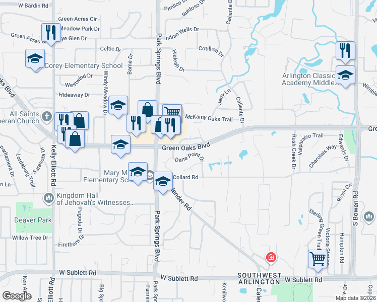 map of restaurants, bars, coffee shops, grocery stores, and more near 5417 Dana Point Drive in Arlington