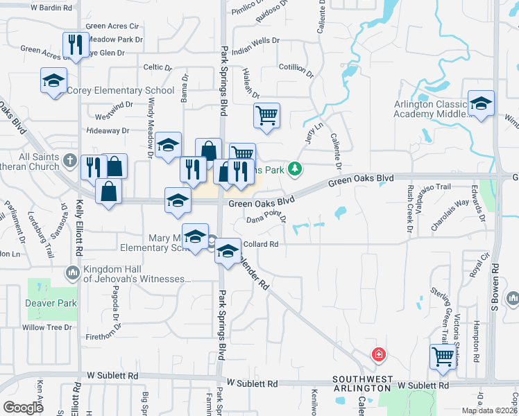 map of restaurants, bars, coffee shops, grocery stores, and more near 5417 Dana Point Drive in Arlington
