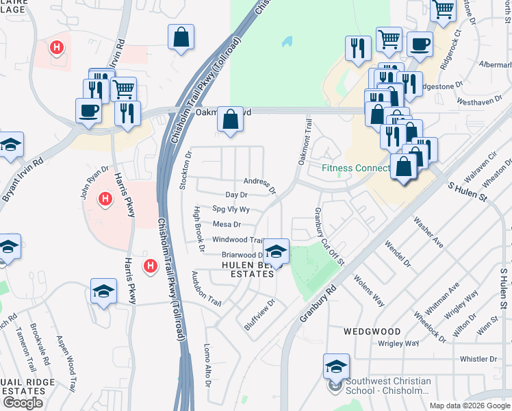 map of restaurants, bars, coffee shops, grocery stores, and more near 6708 Springvalley Way in Fort Worth