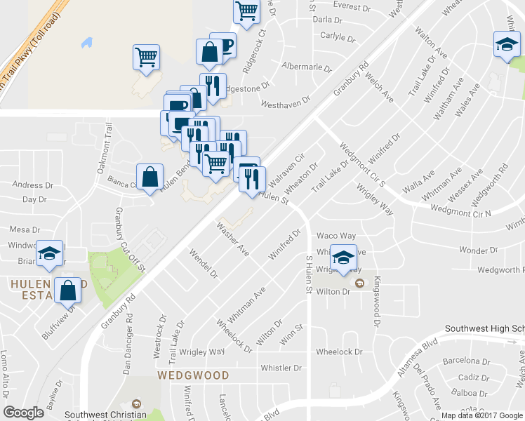 map of restaurants, bars, coffee shops, grocery stores, and more near 6216 Wheaton Drive in Fort Worth