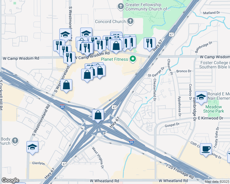 map of restaurants, bars, coffee shops, grocery stores, and more near 1700 Southwest Center mall in Dallas