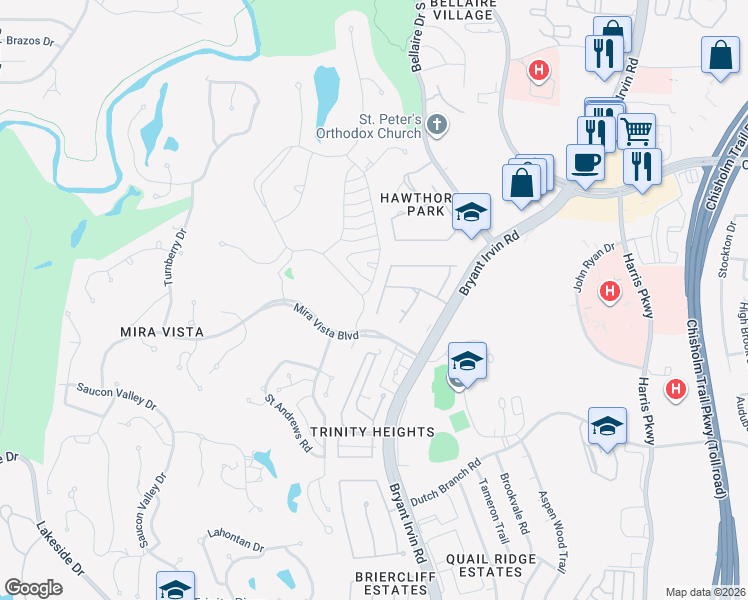 map of restaurants, bars, coffee shops, grocery stores, and more near 6332 Southern Hills Drive in Fort Worth