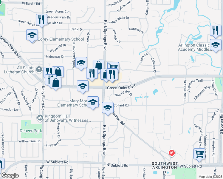 map of restaurants, bars, coffee shops, grocery stores, and more near 5400 Dana Point Dr in Arlington