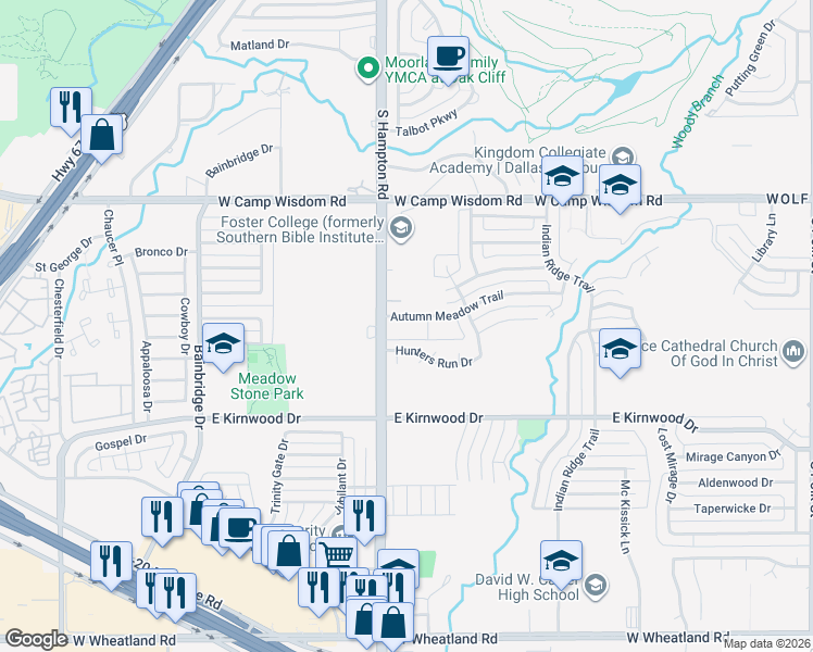 map of restaurants, bars, coffee shops, grocery stores, and more near 7408 South Hampton Road in Dallas