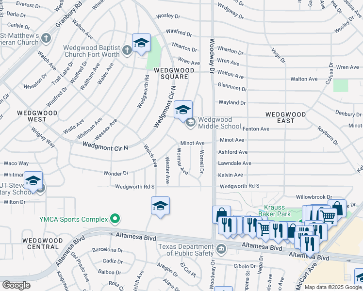 map of restaurants, bars, coffee shops, grocery stores, and more near 6001 Wormar Avenue in Fort Worth