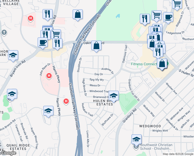 map of restaurants, bars, coffee shops, grocery stores, and more near 6900 Springvalley Way in Fort Worth