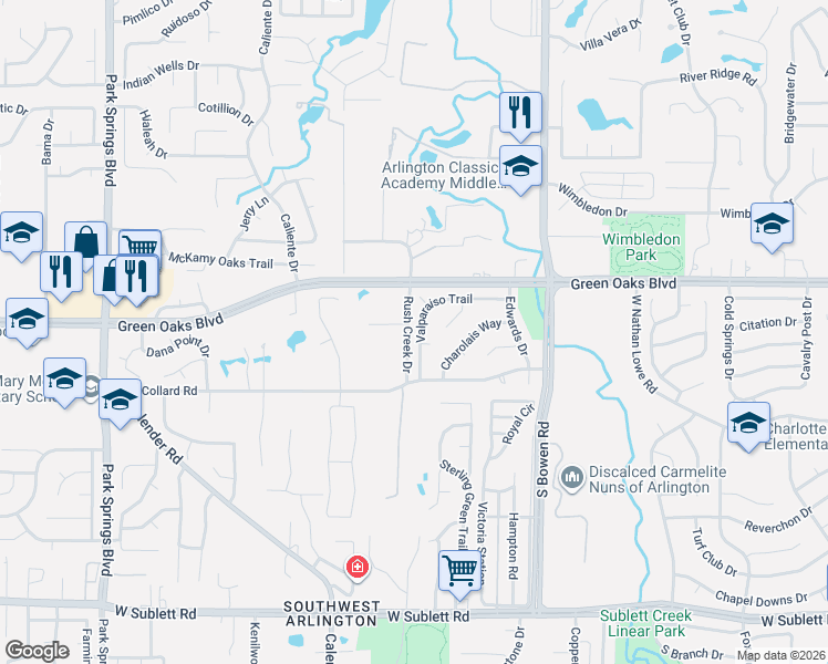 map of restaurants, bars, coffee shops, grocery stores, and more near 5406 Valparaiso Trail in Arlington