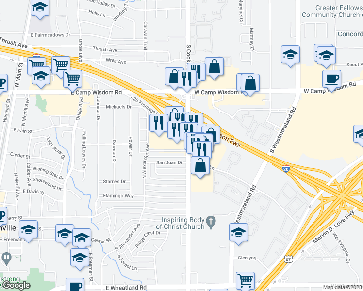 map of restaurants, bars, coffee shops, grocery stores, and more near 603 South Cockrell Hill Road in Duncanville