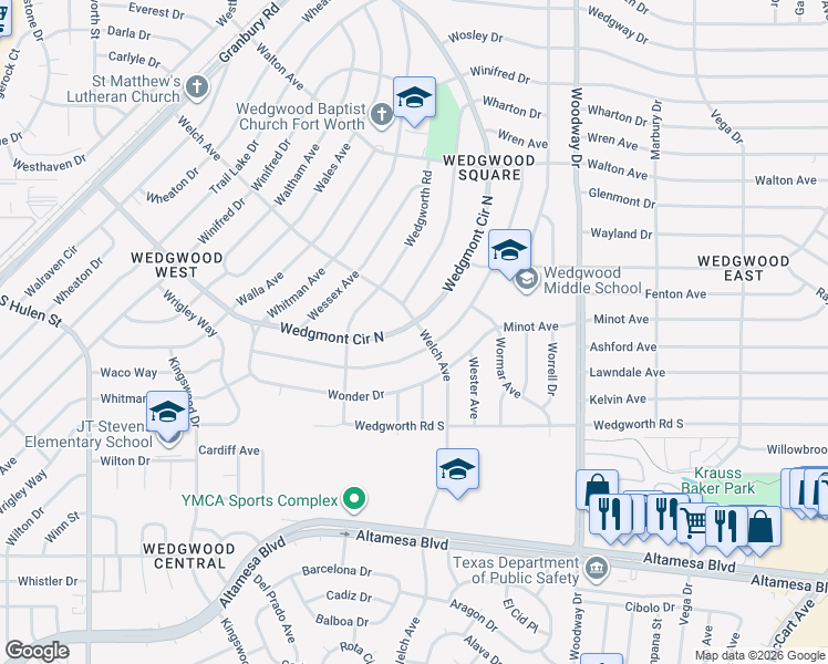 map of restaurants, bars, coffee shops, grocery stores, and more near 5801 Wedgmont Circle North in Fort Worth
