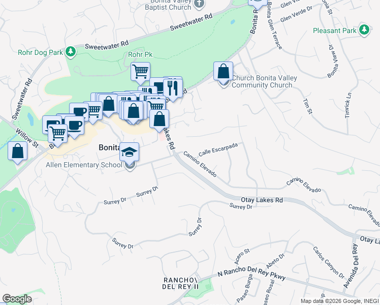map of restaurants, bars, coffee shops, grocery stores, and more near 215 Camino Elevado in Bonita