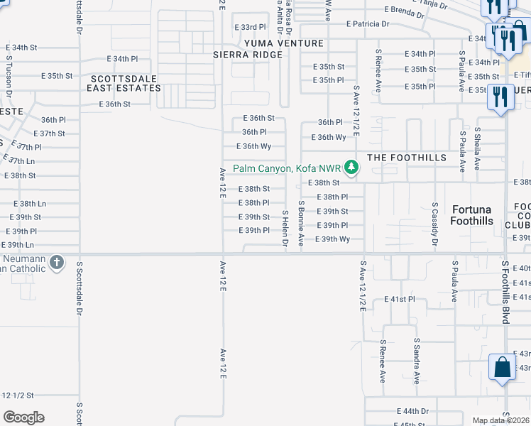 map of restaurants, bars, coffee shops, grocery stores, and more near 12216 East 39th Street in Yuma