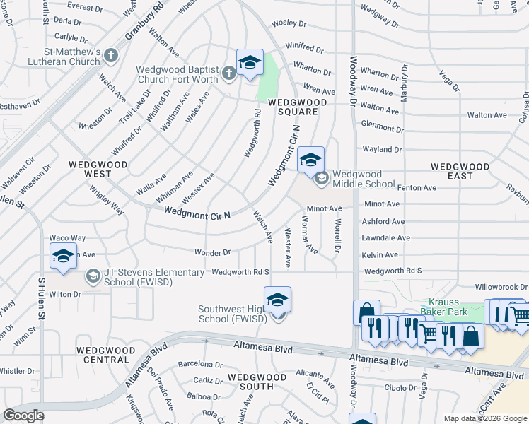 map of restaurants, bars, coffee shops, grocery stores, and more near 5801 Wedgmont Circle North in Fort Worth