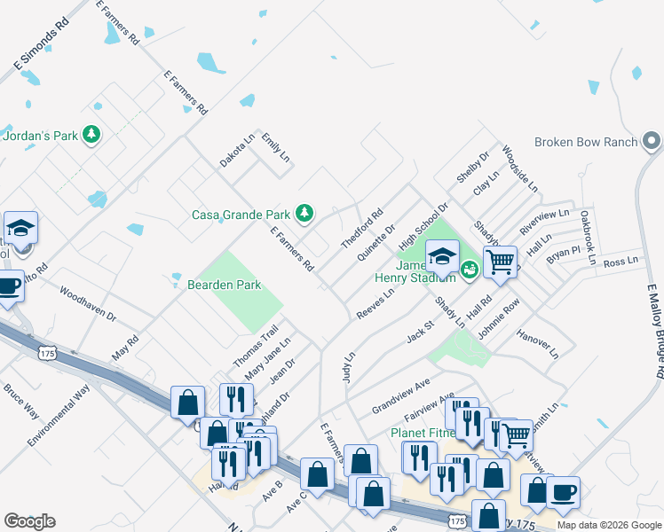 map of restaurants, bars, coffee shops, grocery stores, and more near 726 Thedford Rd in Seagoville