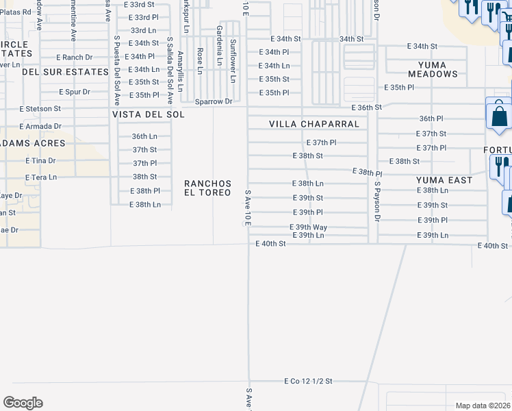 map of restaurants, bars, coffee shops, grocery stores, and more near 10131 East 39th Place in Yuma