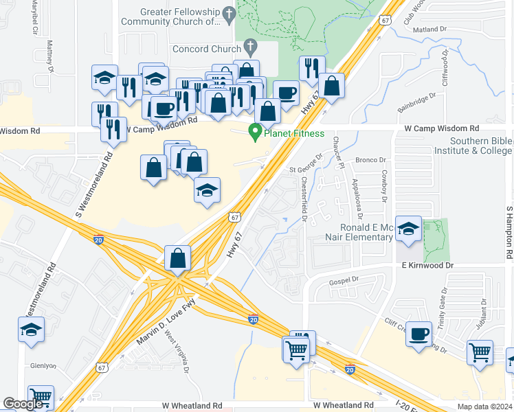 map of restaurants, bars, coffee shops, grocery stores, and more near 7296 Marvin D Love Freeway in Dallas