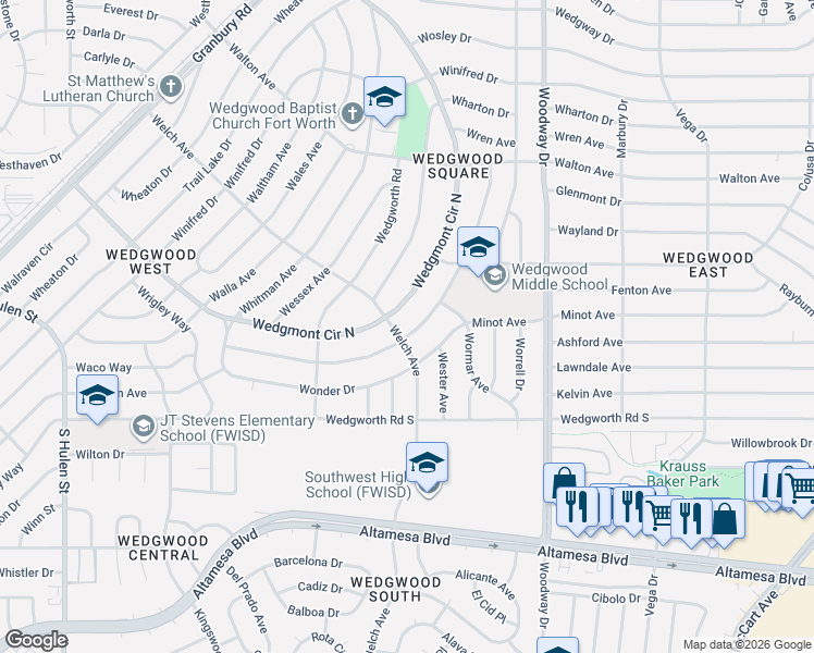 map of restaurants, bars, coffee shops, grocery stores, and more near 5801 Wedgmont Circle North in Fort Worth