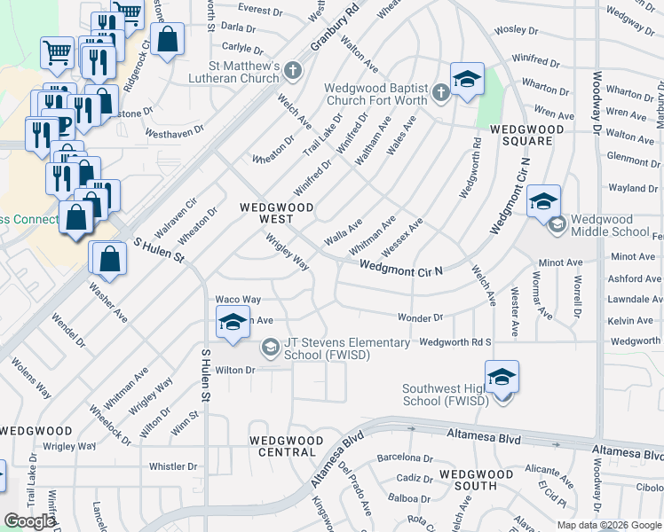 map of restaurants, bars, coffee shops, grocery stores, and more near 6049 Wrigley Way in Fort Worth