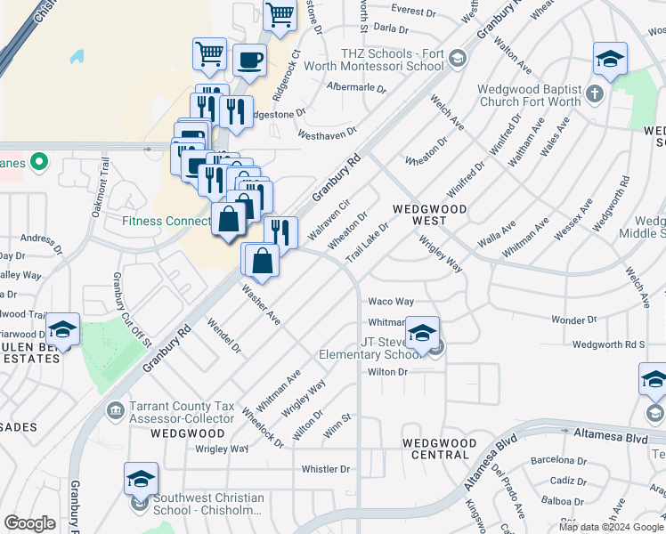 map of restaurants, bars, coffee shops, grocery stores, and more near 6200 Trail Lake Drive in Fort Worth