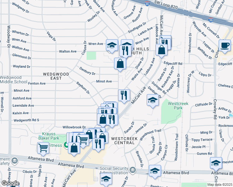 map of restaurants, bars, coffee shops, grocery stores, and more near 3200 Lawndale Avenue in Fort Worth