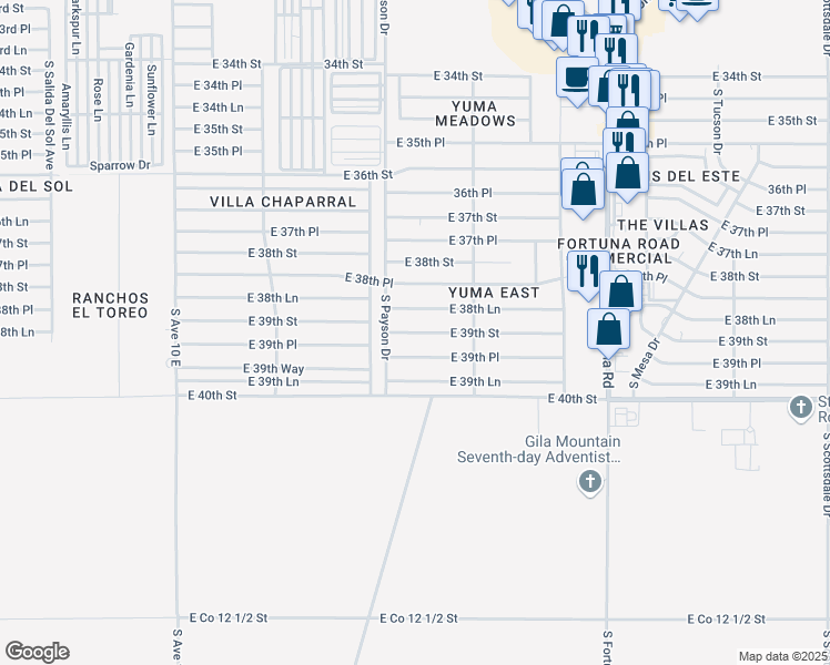 map of restaurants, bars, coffee shops, grocery stores, and more near 10581 East 39th Street in Yuma