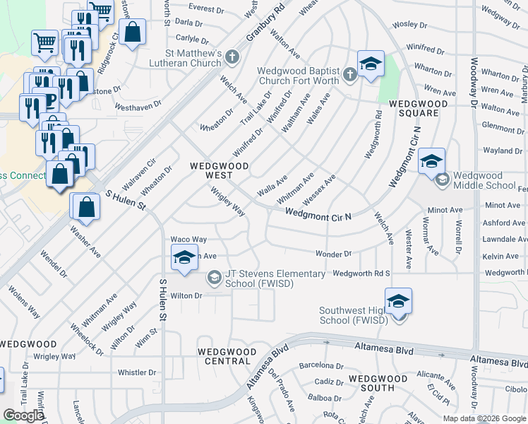 map of restaurants, bars, coffee shops, grocery stores, and more near 6049 Wrigley Way in Fort Worth