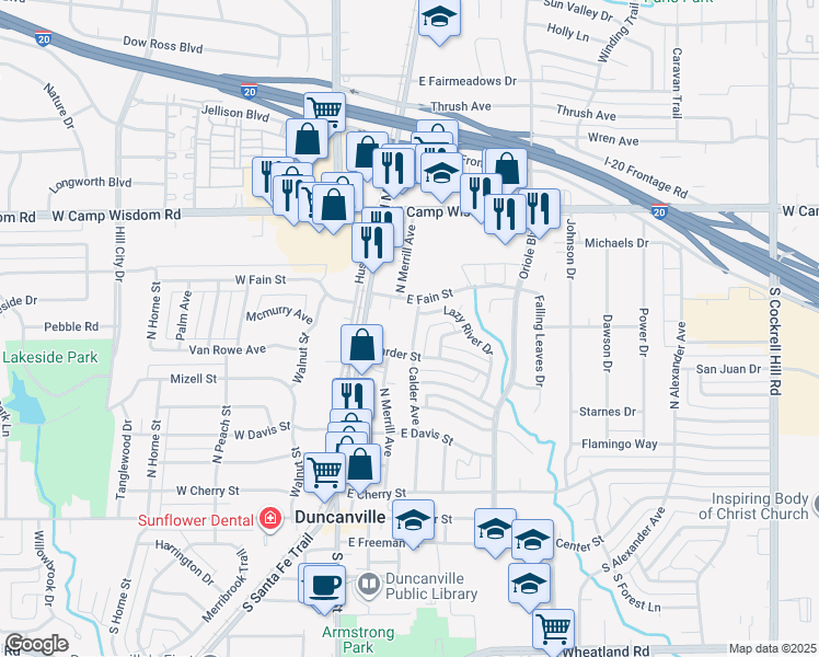 map of restaurants, bars, coffee shops, grocery stores, and more near 619 Calder Avenue in Duncanville