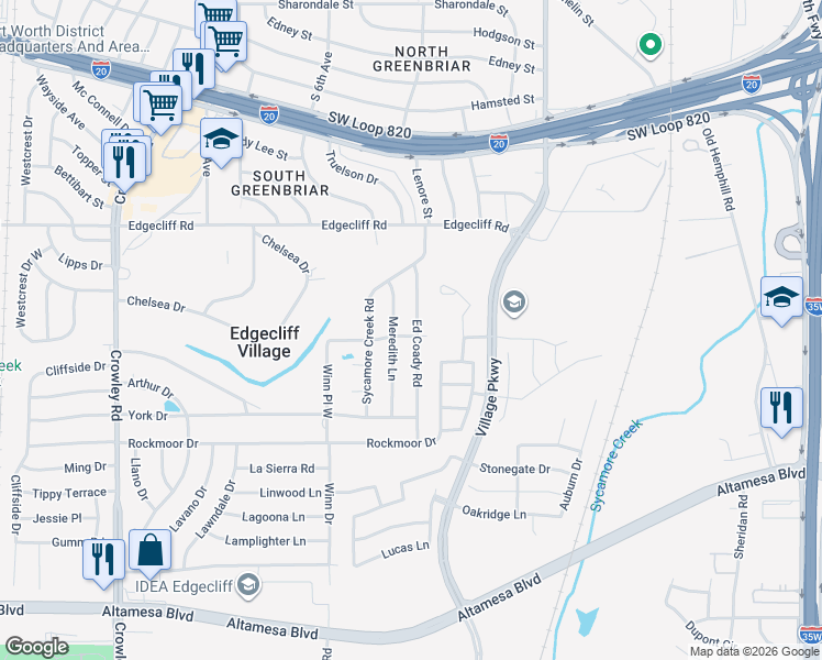 map of restaurants, bars, coffee shops, grocery stores, and more near 5929 Ed Coady Road in Fort Worth