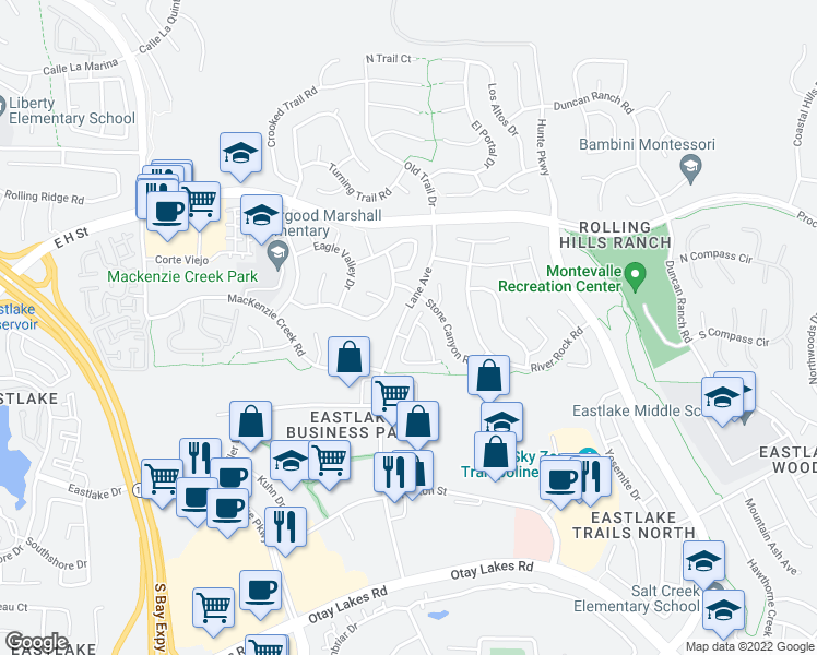 map of restaurants, bars, coffee shops, grocery stores, and more near 740 Whispering Trails Drive in Chula Vista