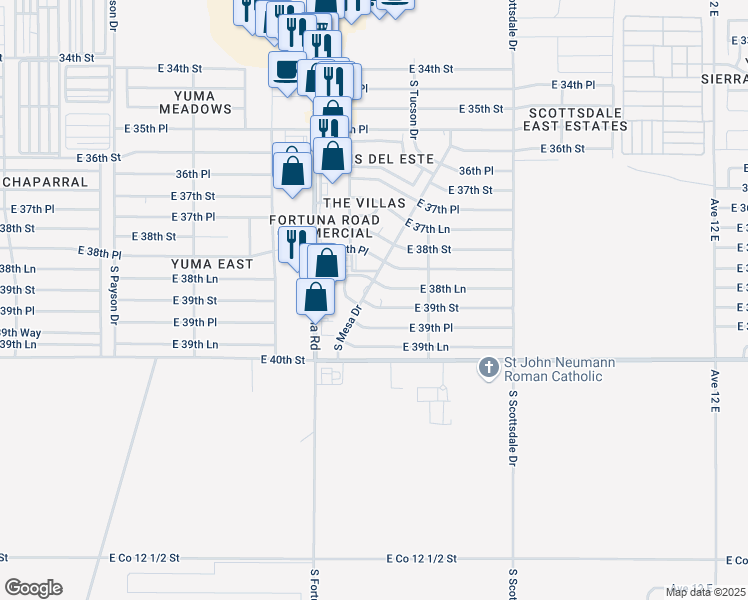 map of restaurants, bars, coffee shops, grocery stores, and more near 11200-11322 East 39th Street in Yuma