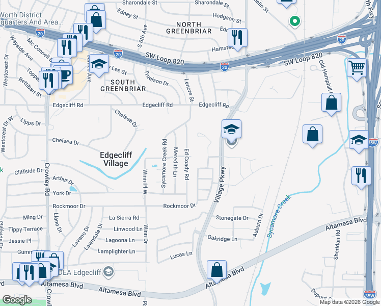 map of restaurants, bars, coffee shops, grocery stores, and more near 5929 Ed Coady Road in Fort Worth