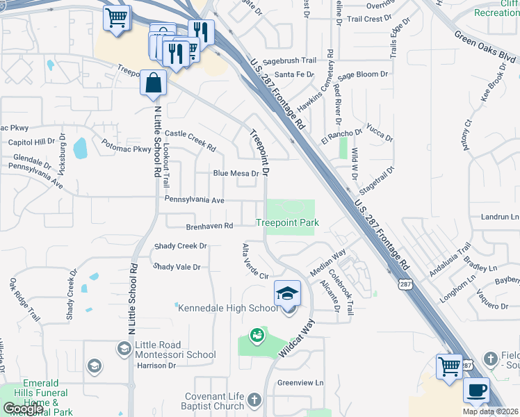 map of restaurants, bars, coffee shops, grocery stores, and more near 5503 Gateway Lane in Arlington