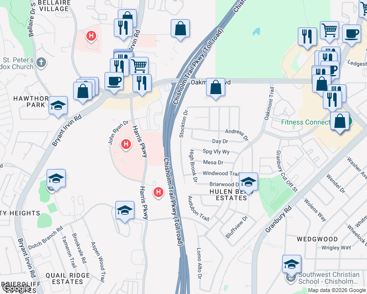map of restaurants, bars, coffee shops, grocery stores, and more near 6337 Stockton Drive in Fort Worth