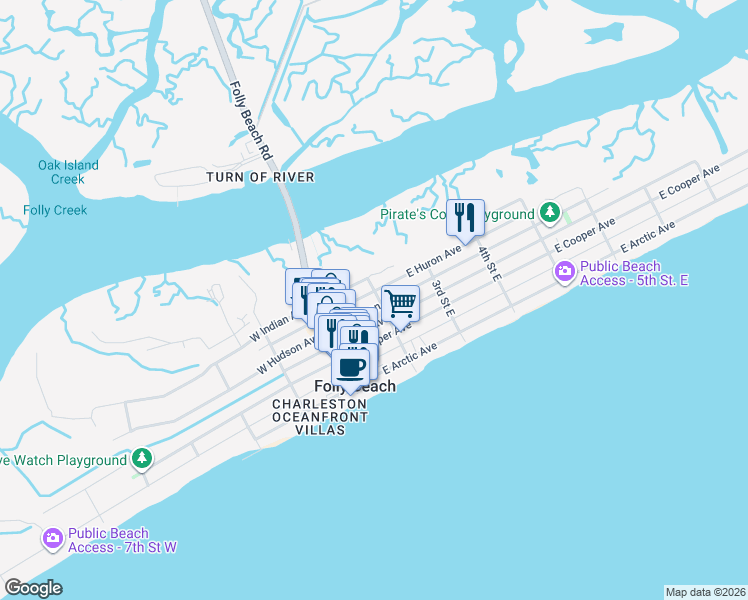 map of restaurants, bars, coffee shops, grocery stores, and more near 202 East Hudson Avenue in Folly Beach
