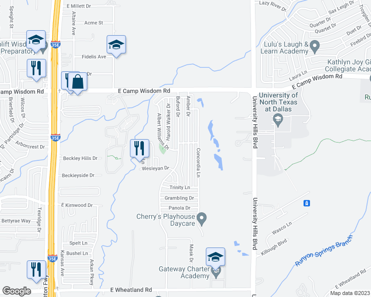 map of restaurants, bars, coffee shops, grocery stores, and more near 7423 Amber Drive in Dallas