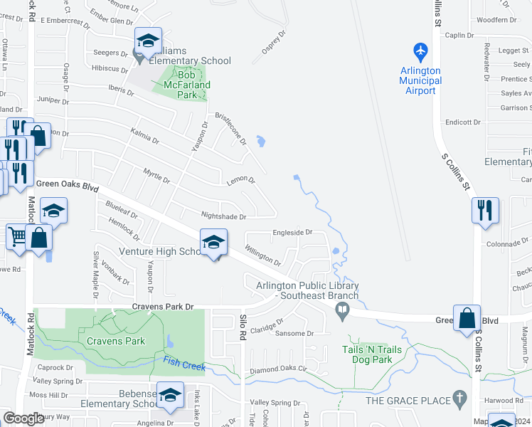 map of restaurants, bars, coffee shops, grocery stores, and more near 627 Nightshade Drive in Arlington