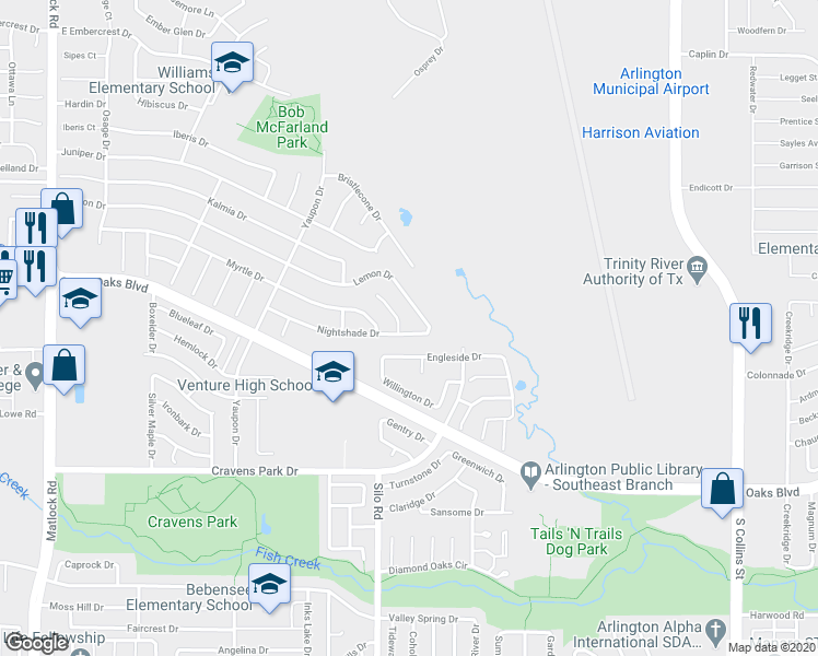 map of restaurants, bars, coffee shops, grocery stores, and more near 625 Nightshade Drive in Arlington