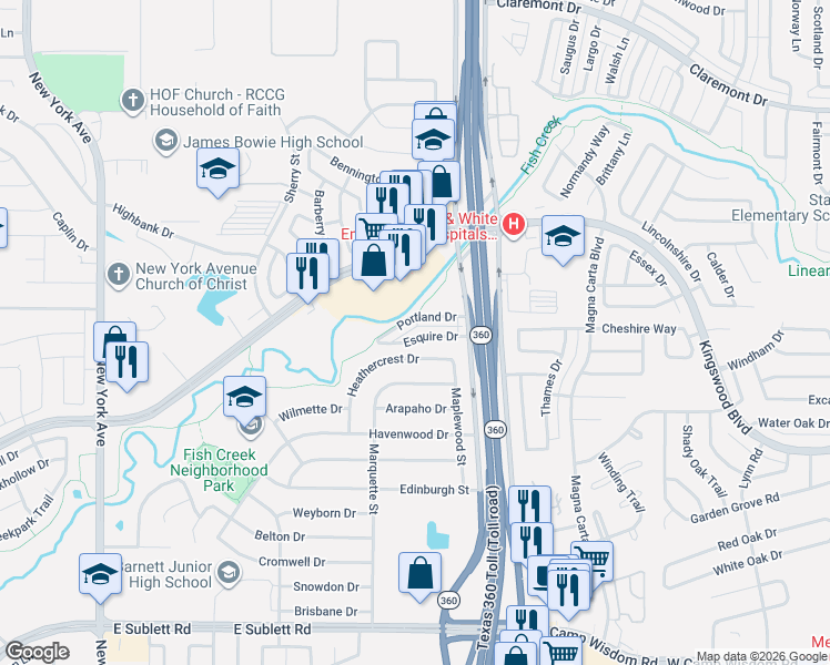map of restaurants, bars, coffee shops, grocery stores, and more near 2421 Esquire Drive in Arlington