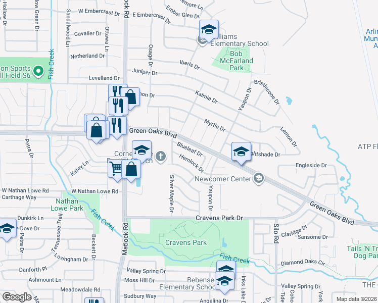 map of restaurants, bars, coffee shops, grocery stores, and more near 300 Blueleaf Drive in Arlington