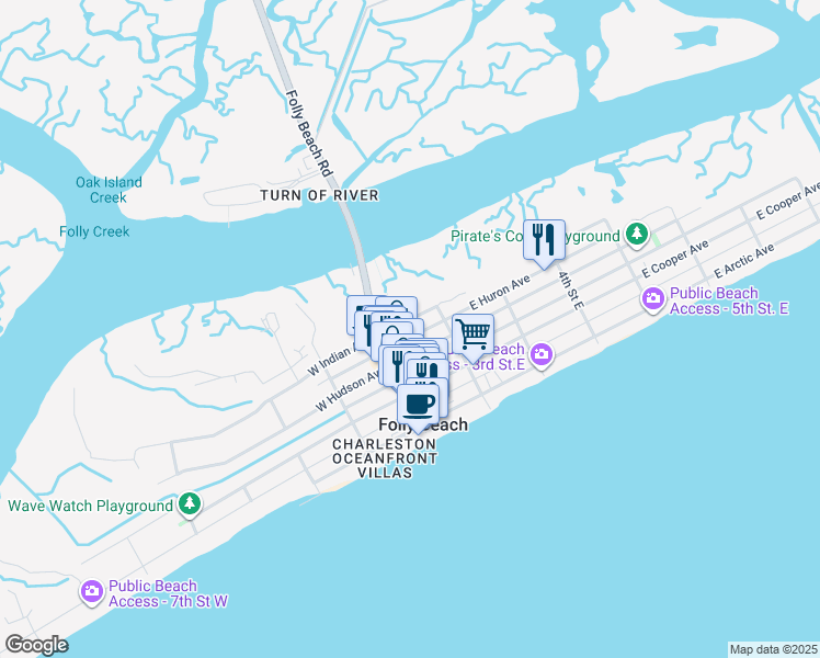 map of restaurants, bars, coffee shops, grocery stores, and more near 112 East Huron Avenue in Folly Beach