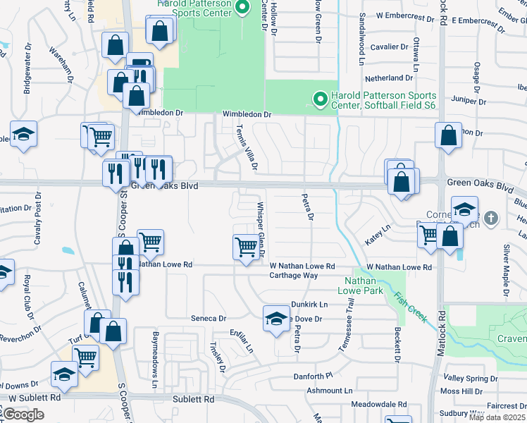 map of restaurants, bars, coffee shops, grocery stores, and more near 5419 Whisper Glen Drive in Arlington