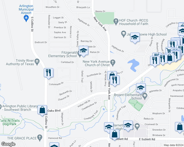 map of restaurants, bars, coffee shops, grocery stores, and more near 1621 Scottsdale Drive in Arlington