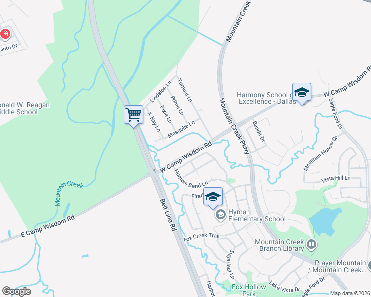 map of restaurants, bars, coffee shops, grocery stores, and more near 8407 West Camp Wisdom Road in Dallas