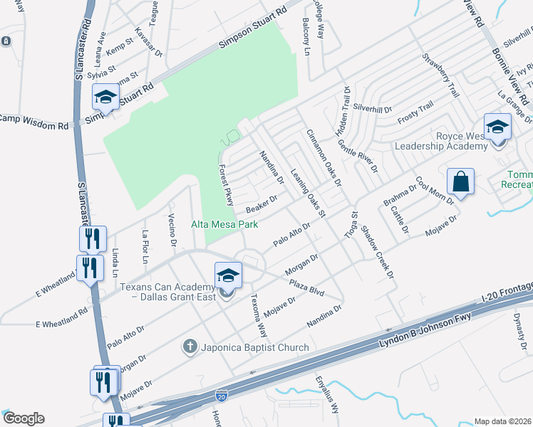 map of restaurants, bars, coffee shops, grocery stores, and more near 3015 Alta Mesa Drive in Dallas