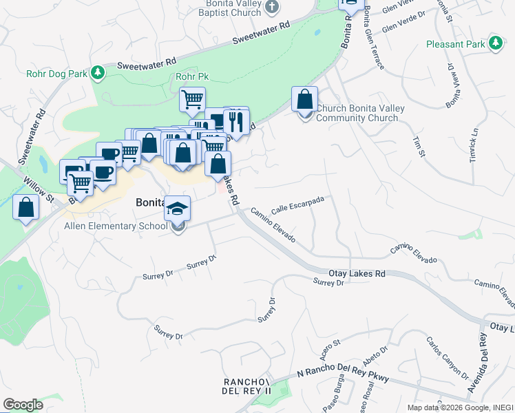map of restaurants, bars, coffee shops, grocery stores, and more near 215 Camino Elevado in Bonita