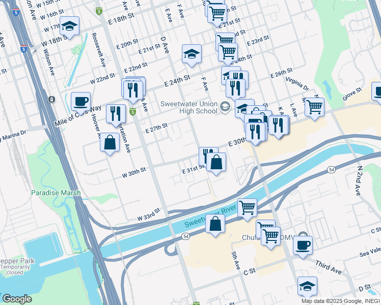 map of restaurants, bars, coffee shops, grocery stores, and more near 341 East 30th Street in National City