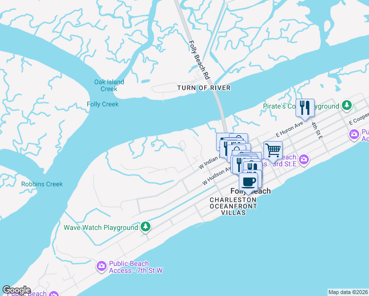 map of restaurants, bars, coffee shops, grocery stores, and more near 88 Sandbar Lane in Folly Beach