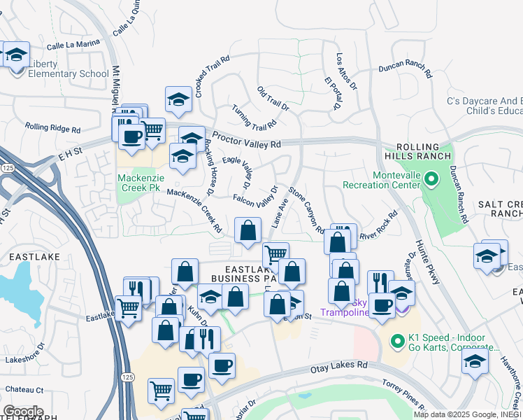 map of restaurants, bars, coffee shops, grocery stores, and more near 2486 Falcon Valley Drive in Chula Vista