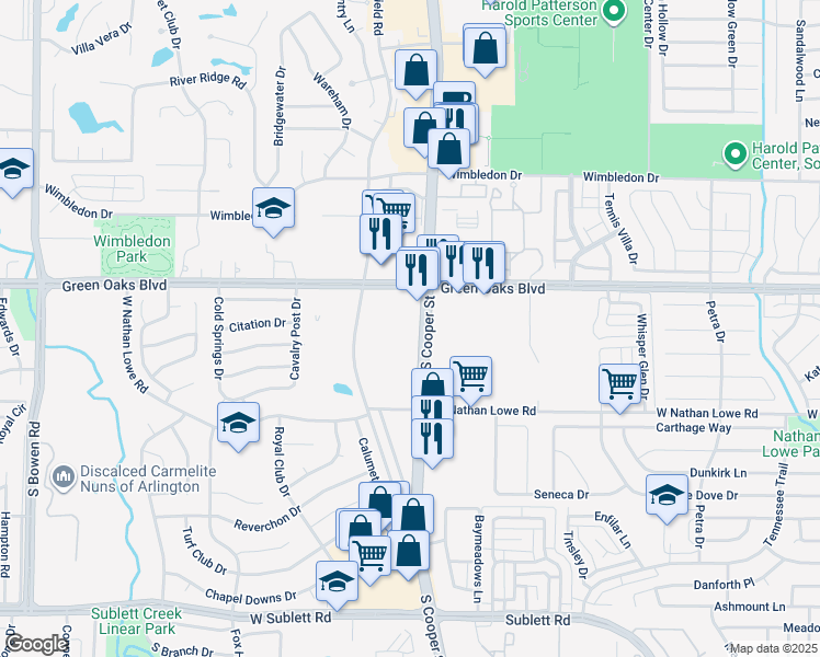 map of restaurants, bars, coffee shops, grocery stores, and more near 5500 S Cooper St in Arlington