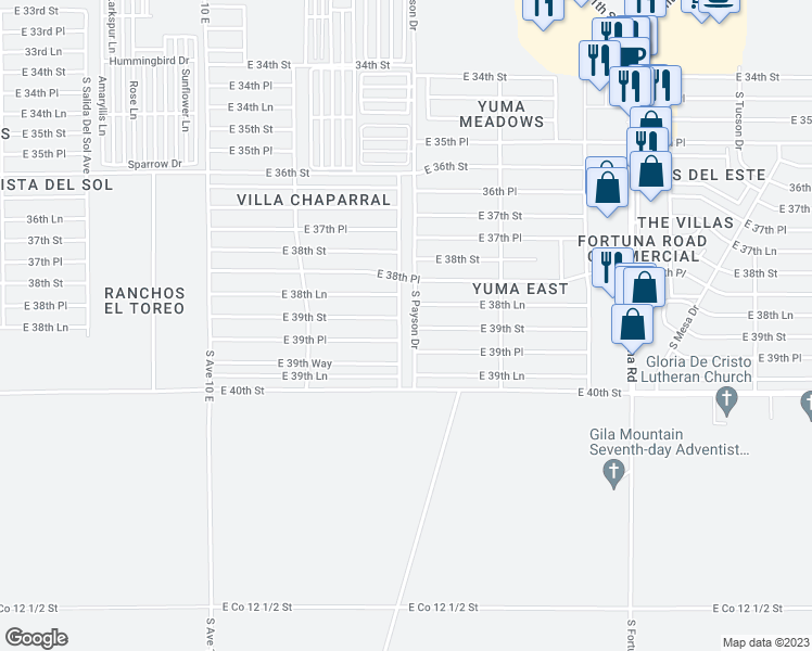 map of restaurants, bars, coffee shops, grocery stores, and more near 11763 South Chaparral Drive in Yuma