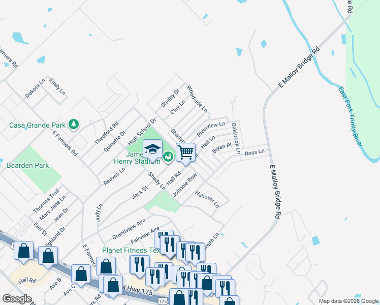 map of restaurants, bars, coffee shops, grocery stores, and more near 805 Shadybrook Lane in Seagoville